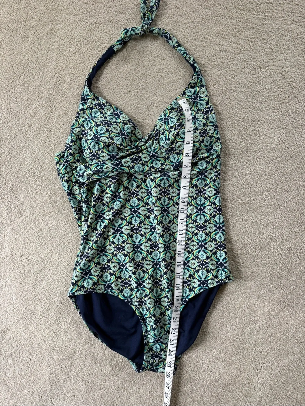 Merona Green and Navy Patterned Halter One-Piece Swimsuit Large